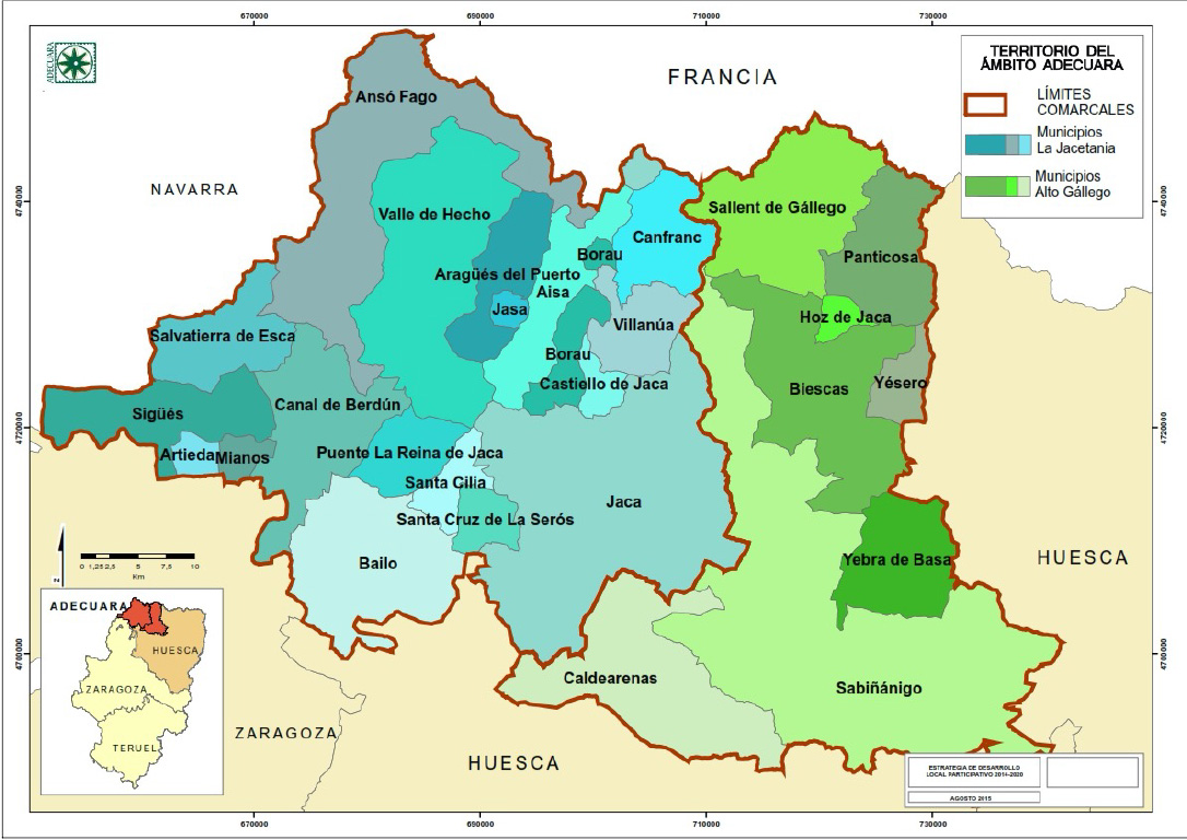 El territorio de actuación de ADECUARA comprende las Comarcas de La Jacetania y Alto Gállego 