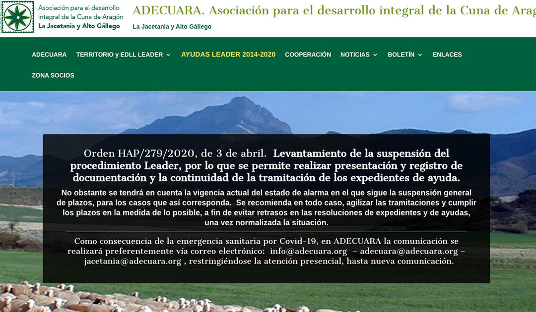 Orden HAP/279/2020, de 3 de abril. Levantamiento de la suspensión del procedimiento Leader, por lo que se permite realizar presentación y registro de documentación y la continuidad de la tramitación de los expedientes de ayuda.